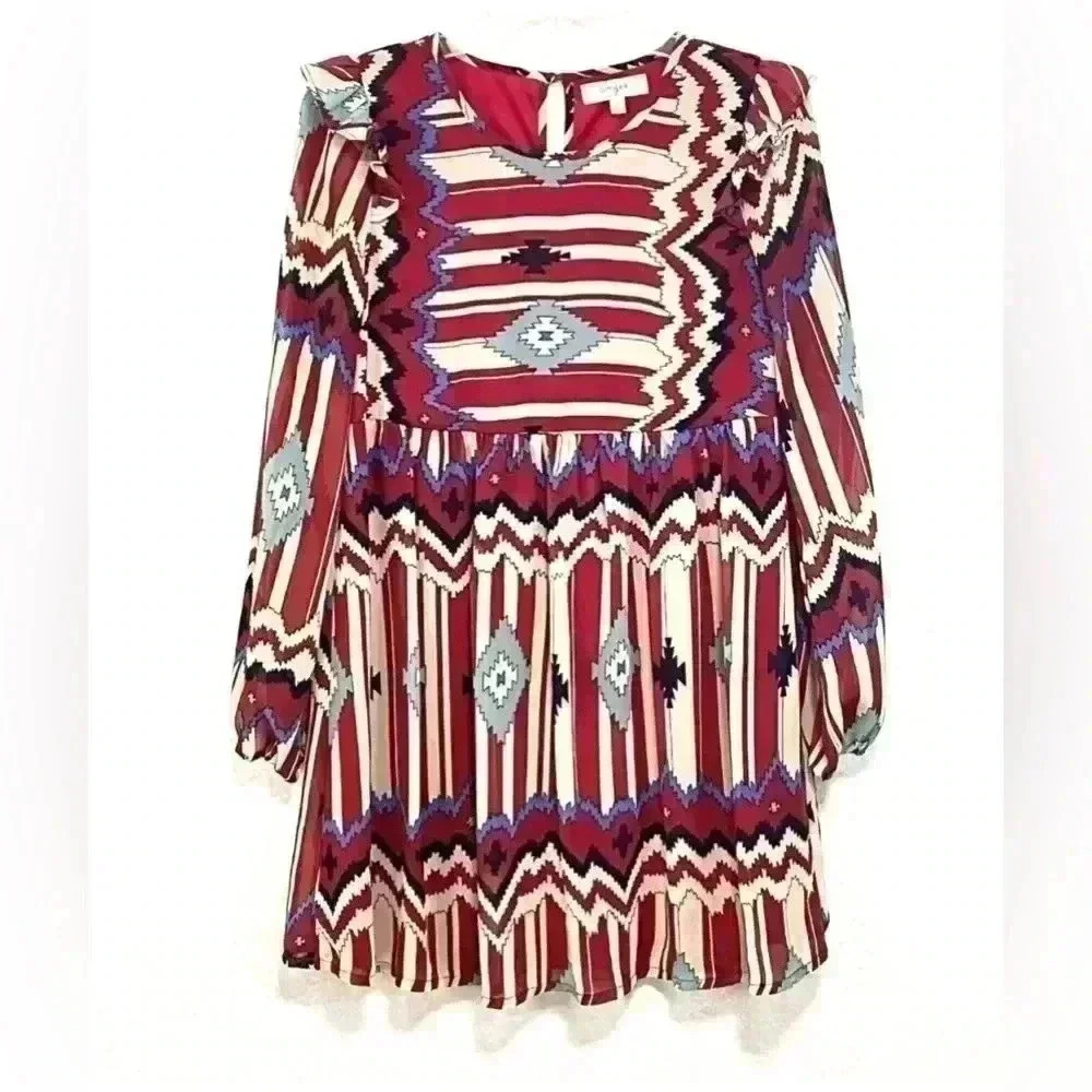 UMGEE Tribal Print Dress Womens M Aztec Red Empire Waist Lined Drapy Roomy